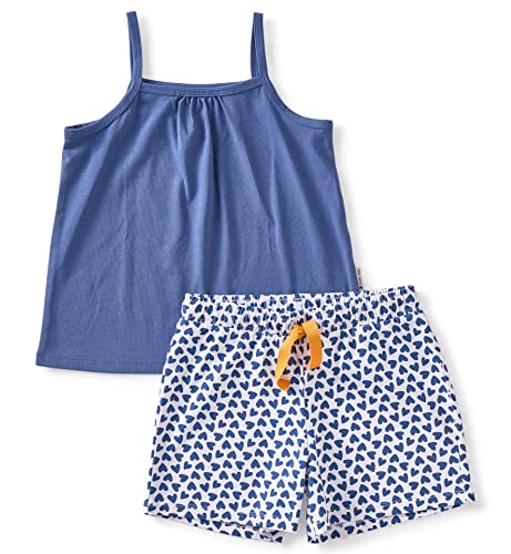 little label - Kinder Schlafanzug Mädchen - Shortama - Sommer Pyjama Mädchen Kurz - Blau| Sommer Schlafanzug Herzen-Print - Bio-Baumwolle-GOTS von little label