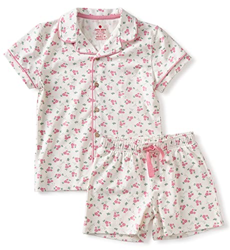 little label - Kinder Schlafanzug Mädchen - Shortama - Sommer Pyjama Mädchen Kurz - Weiß - Sommer Schlafanzug Blümchen-Print - Bio-Baumwolle-GOTS von little label