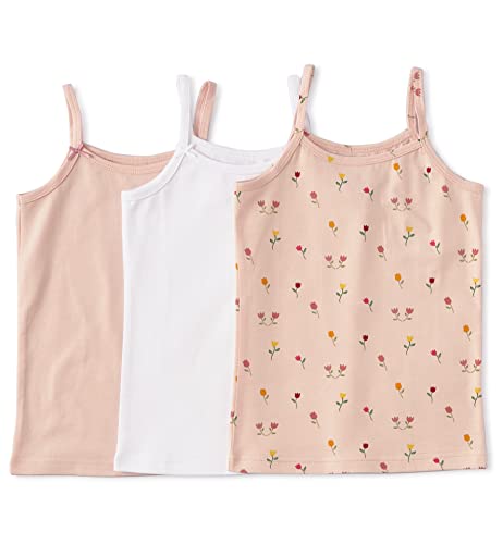 little label - Kinder Unterhemden Mädchen 146-152 (12Y) - Top Spaghettiträger Trägershirt 3er-Pack - Mädchen Untershirt slim fit - Weiß Rosa Tulpen - Print und Uni - GOTS - BIO-Baumwolle von little label