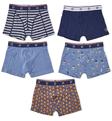 little label - Kinder Unterhosen Jungen 146-152 (12Y) - 5er Pack Kinder Boxershorts Jungen - Kinder Unterwäsche Jungen Slips - Blau Weiß Streifen Surf - Print und Uni - Bio-Baumwolle von little label