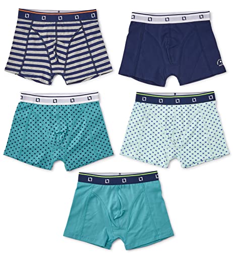 little label - Kinder Unterhosen Jungen 146-152 (12Y) - 5er Pack Kinder Boxershorts Jungen - Kinder Unterwäsche Jungen Slips - Grünblau Streifen Kreuze - Print und Uni - Bio-Baumwolle von little label