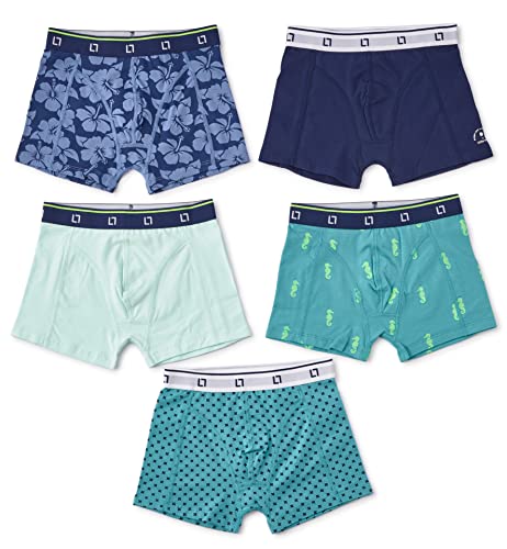 little label - Kinder Unterhosen Jungen 146-152 (12Y) - 5er Pack Kinder Boxershorts Jungen - Kinder Unterwäsche Jungen Slips - Grünblau Weiß Seepferdchen - Print und Uni - Bio-Baumwolle von little label