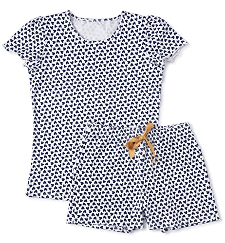 little label - Schlafanzug Damen S (36-38) - Shortama - Sommer Pyjama Damen Kurz - Weiß Blau Herzen-Print - Bio-Baumwolle von little label