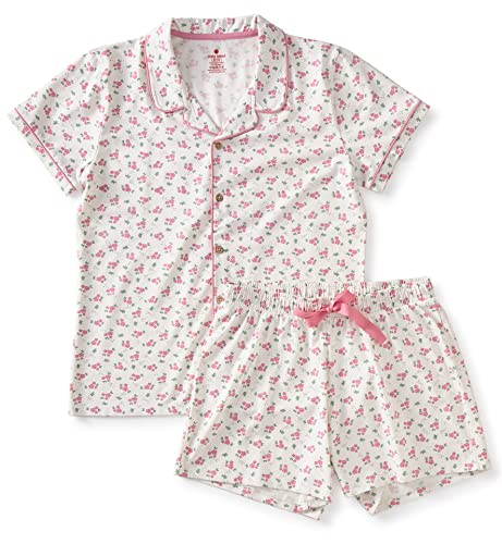 little label - Sommer Schlafanzug Damen - Shortama - Sommer Pyjama Damen Kurz - Weiß - Sommer Schlafanzug Blümchen-Print - Bio-Baumwolle-GOTS von little label