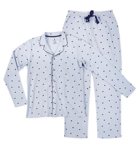 little label - klassischer Schlafanzug Damen hellblau Herzchen XS/34-36 - Bio-Baumwolle von little label