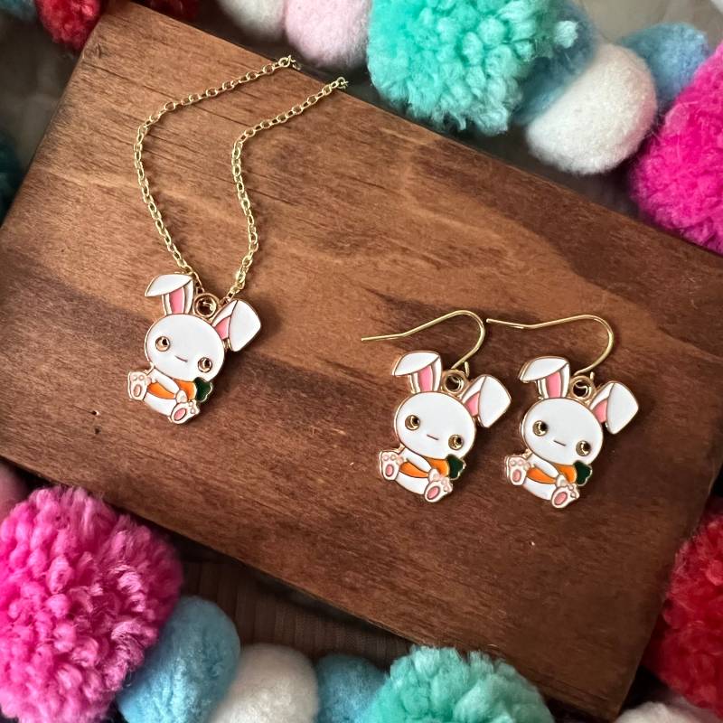 Baumwoll-Hasen-Set - Hase Halskette Schmuck Kinderschmuck Mädchen Hasen Ohrringe Charm Geschenk von littlegembabes