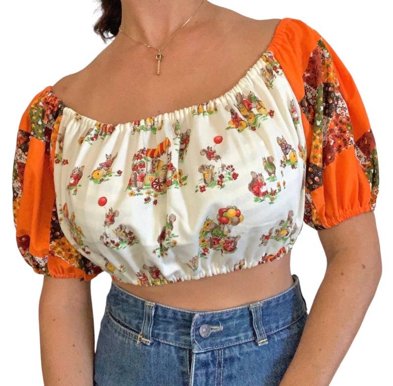Little Light Original Handgefertigte Neuheit Eichhörnchen Und Patchwork Puffärmel Crop Top | Größe M von littlelightVTG