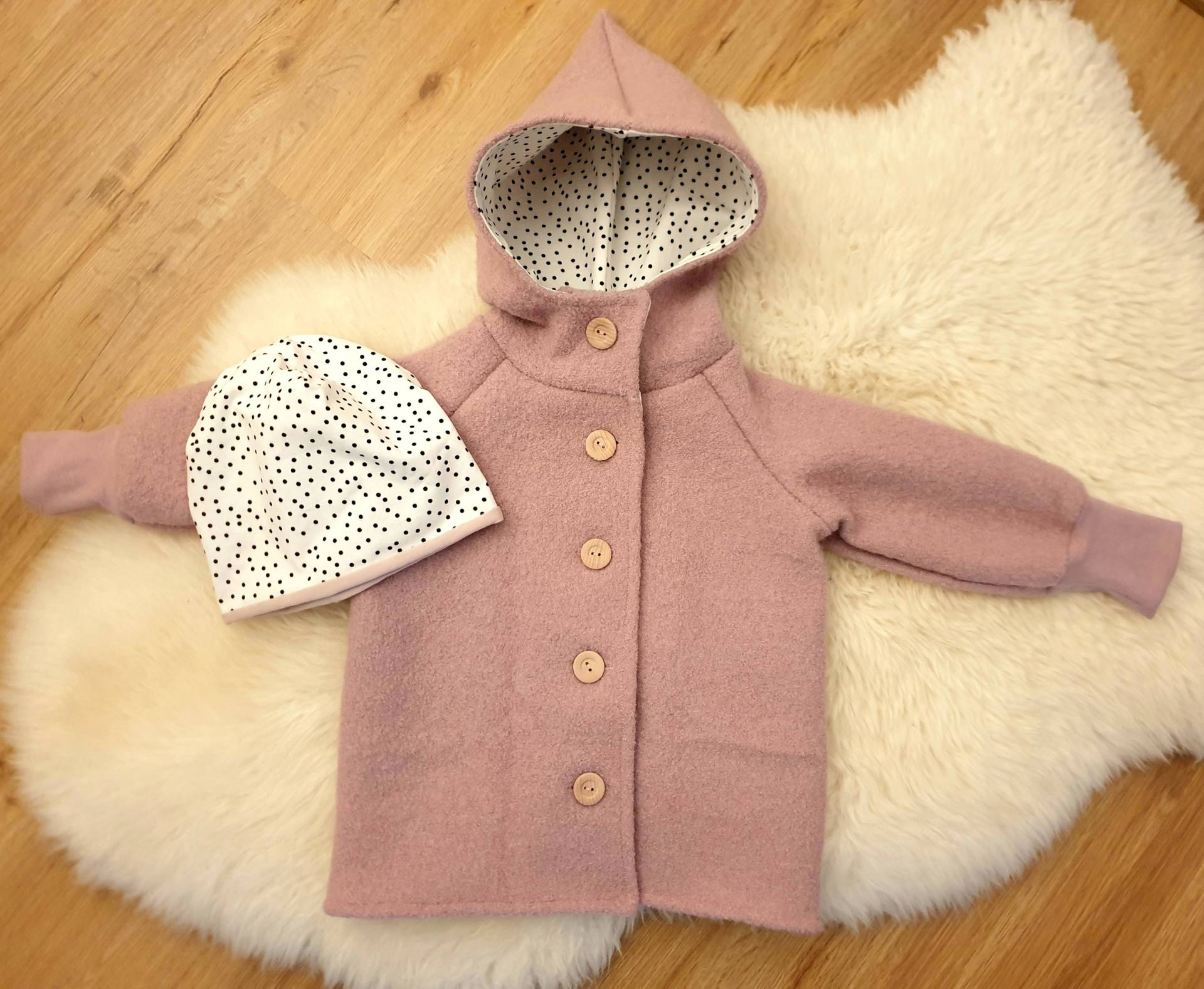 Wollwalkjacke Gr.86/92, Walkloden, Babyjacke, Rosa, Punkte, Holzknöpfe von littlethingsbyJanina
