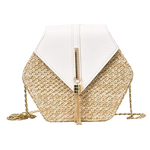 UKETO Handgewebte sechseckige Strohkorb Umhängetasche for Frauen, Multi-Stil gewebte Kette Crossbody Taschen Tote Rattan Handtasche Boho Stil Clutch Einkaufskorb for Strand Reisen, weiß, 190X120X60mm von liuduo