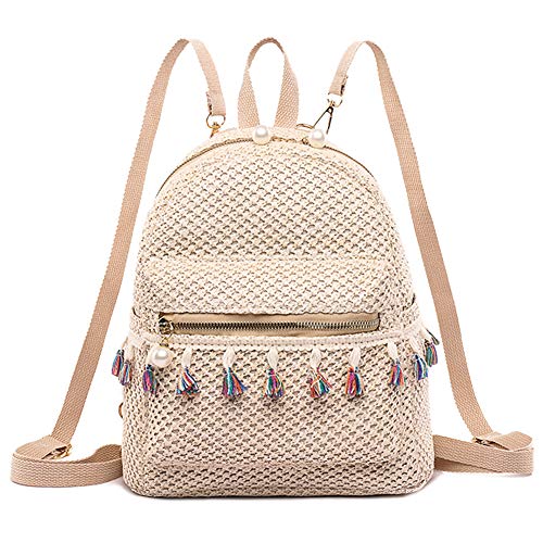 liuduo Stroh Frauen Rucksack Weave Quaste Sommer Strand Weibliche Schulter Schultasche, beige von liuduo