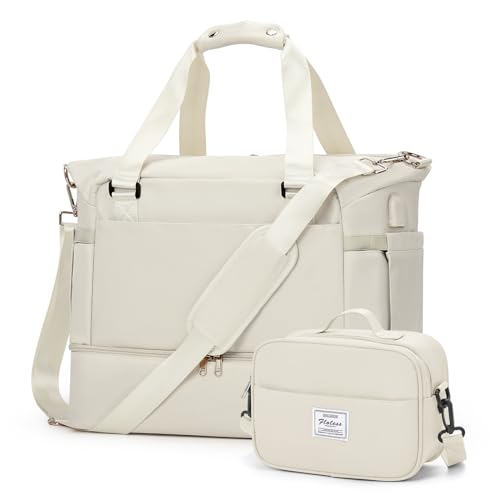 Weekender Taschen für Frauen, Reisetasche mit Schuhfach, USB-Aufladung, Handgepäcktasche, Beige von livbote