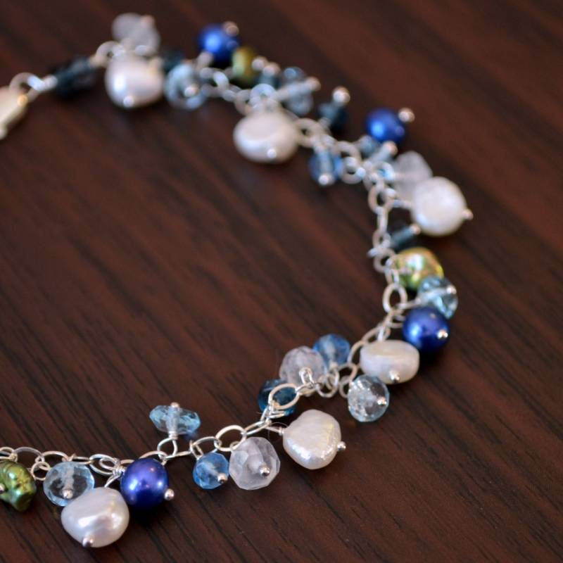 Freshwater Pearl Bracelet, London Blue Topaz Und Moonstone Gemstone, Sterling Silver, Braut Schmuck-Bluebells-Free Shipping Freshwater Pearl Bracelet, London Blue Topaz Und Moonstone Gemstone, Sterling Silver, Braut Schmuck-Bluebells-Free Shipping von livbridal