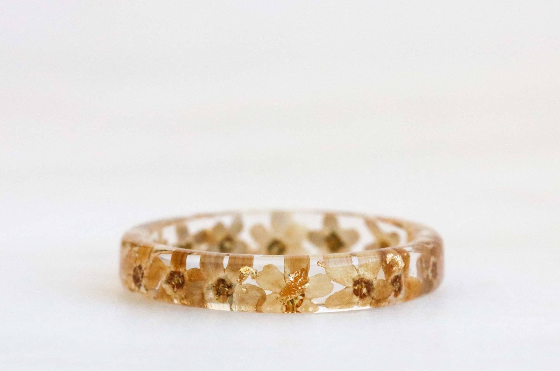 Dünne Ringband Mit Gepressten Vergissmeinnicht Blumen Und Gold/Silber/Kupfer Flocken, Echte Im Inneren, Blauer Ring, Weihnachtsgeschenk von livinlovin