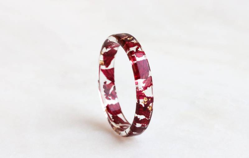 Dünner Ring Mit Roten Tulpenblättern Und Gold/Silber/Kupfer Flocken - Transparenter Echten Blumen Geschenk Für Naturliebhaber von livinlovin