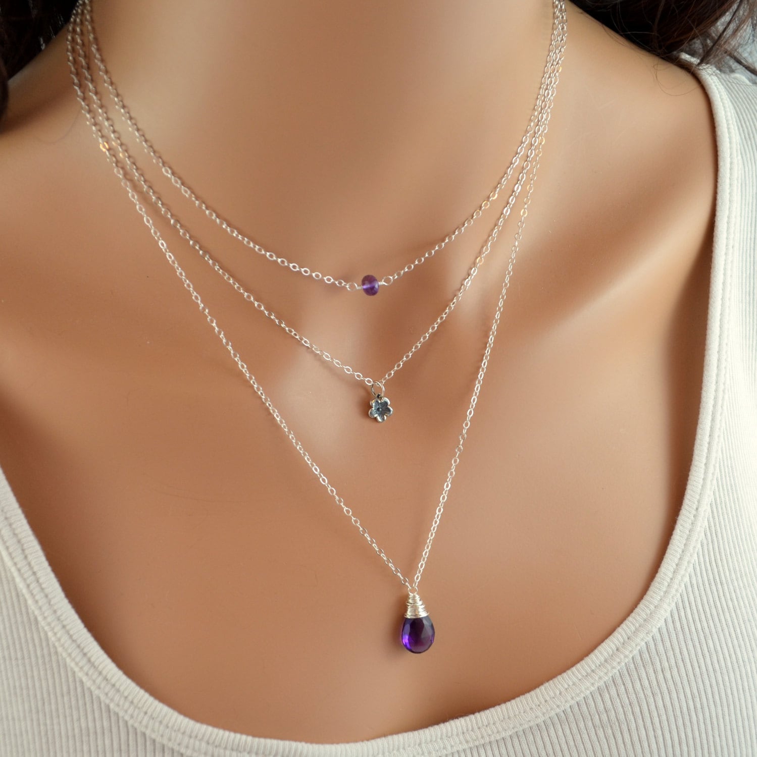 Amethyst Sterling Silber Halskette Set Februar Geburtsstein von livjewellery