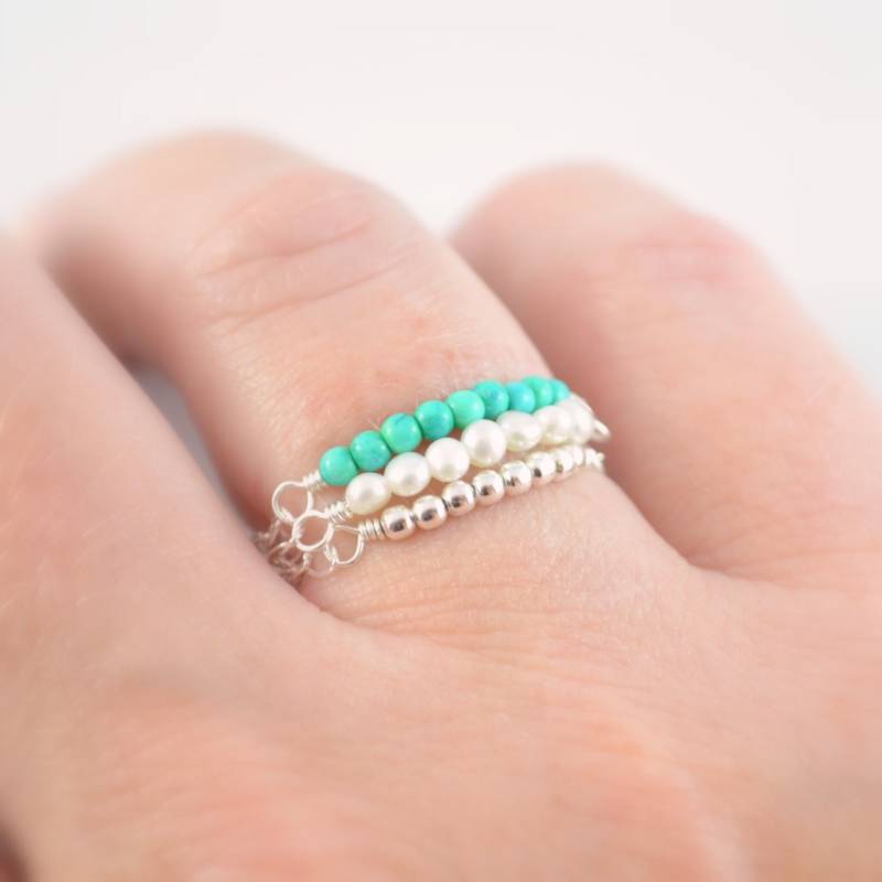 Stapelringe Aus Sterlingsilber Perle, Türkis, Kettenring-Set von livjewellery