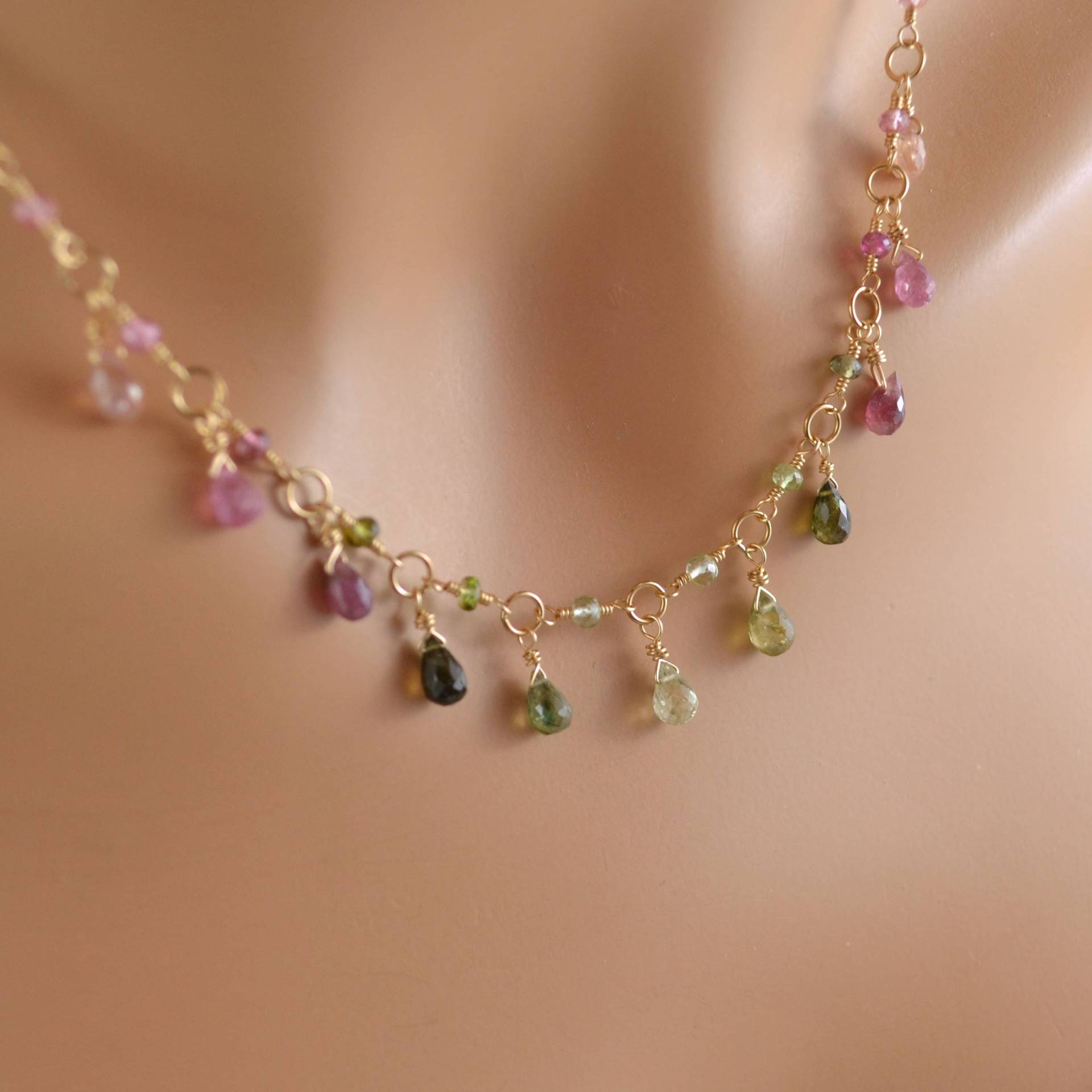 Pink & Grün Turmalin Edelstein Halskette Gold-Filled Oder Sterling Silber von livjewellery