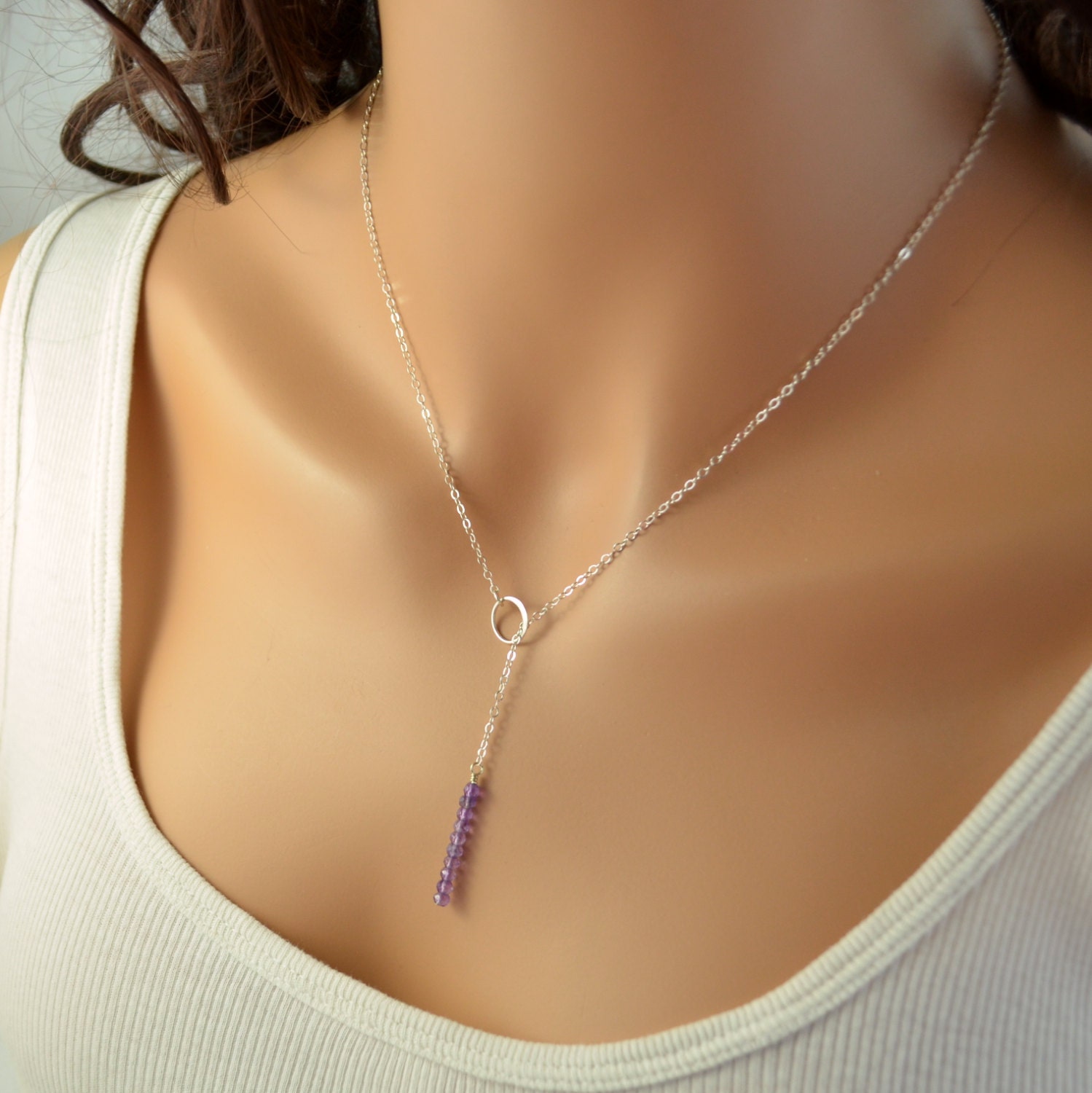 Amethyst Lariat Kette Sterling Silber, Februar Geburtsstein von livjewellery