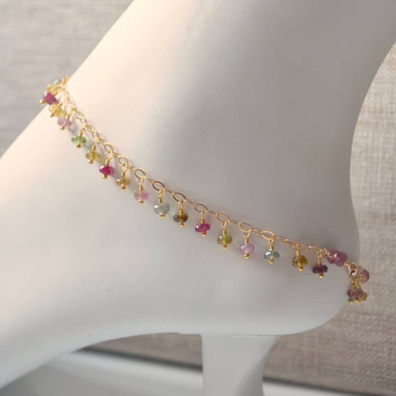 Gold Filled Turmalin Fußkettchen Boho Edelstein Fransen Schmuck von livjewellery