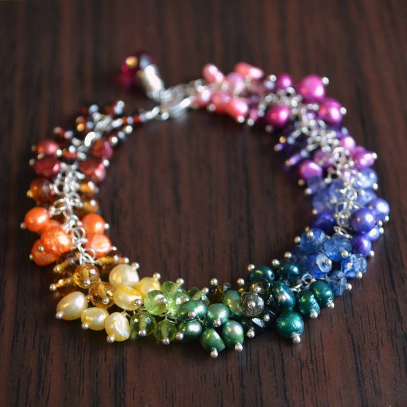 Regenbogen Edelstein Armband Sterling Silber Perlen Cluster Manschette von livjewellery