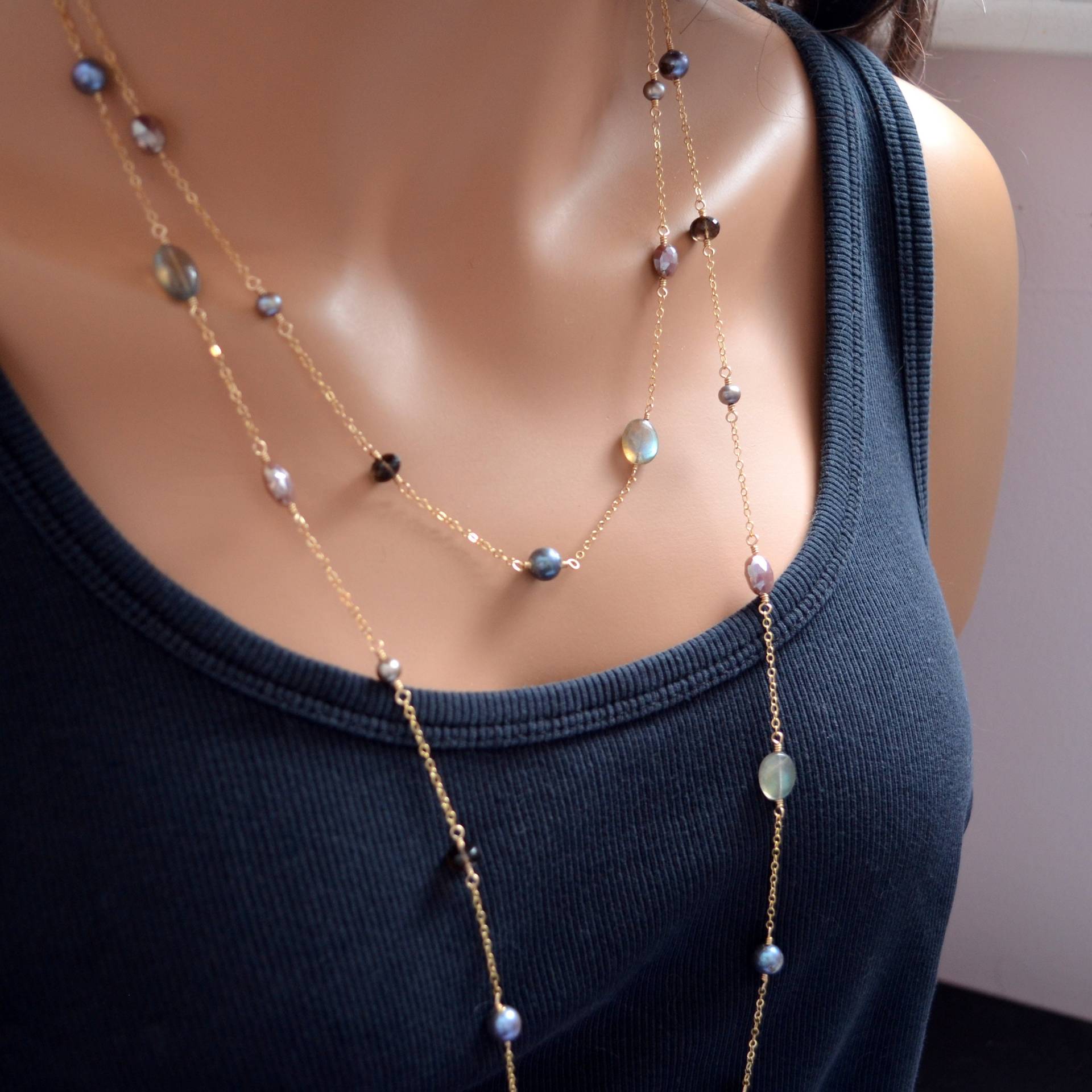 Lange Edelstein Wickelkette Labradorit, Mondstein & Rauchquarz von livjewellery