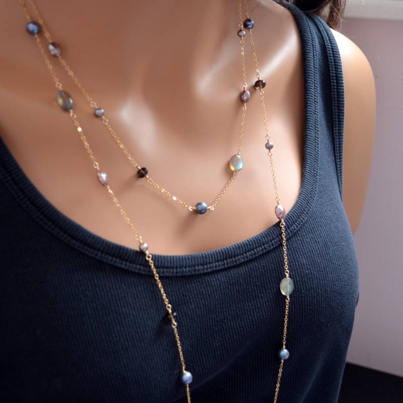 Lange Edelstein Wickelkette Labradorit, Mondstein & Rauchquarz von livjewellery