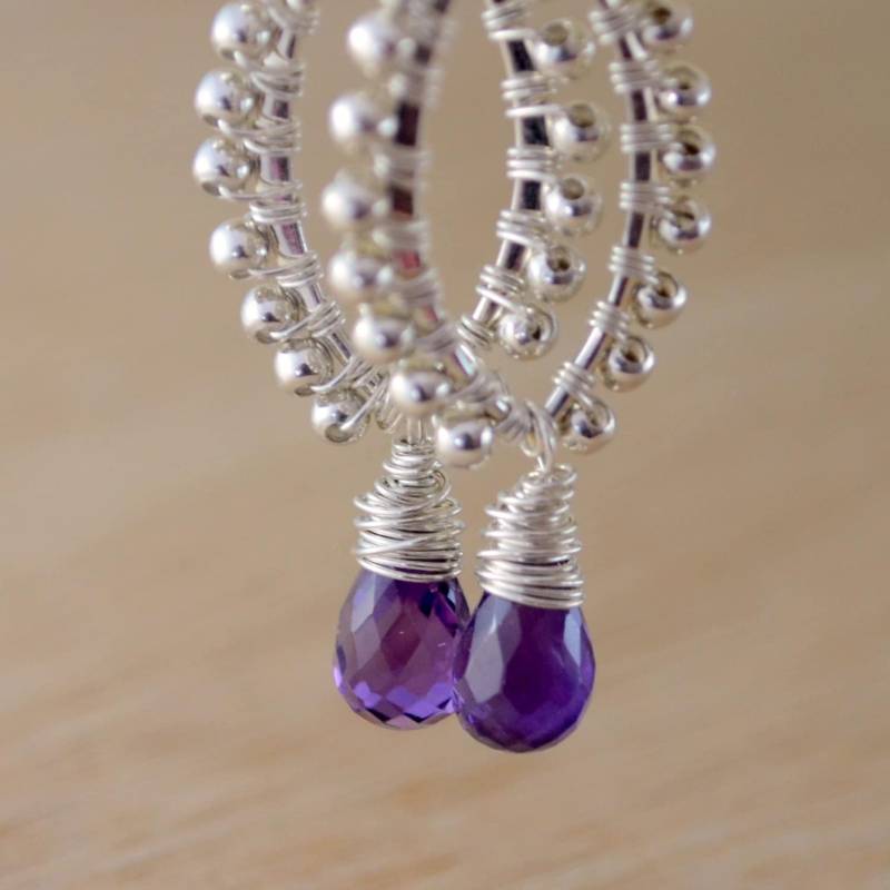 Marquise Amethyst Ohrringe, Sterling Silber Draht Gewickelt, Februar Geburtsstein von livjewellery