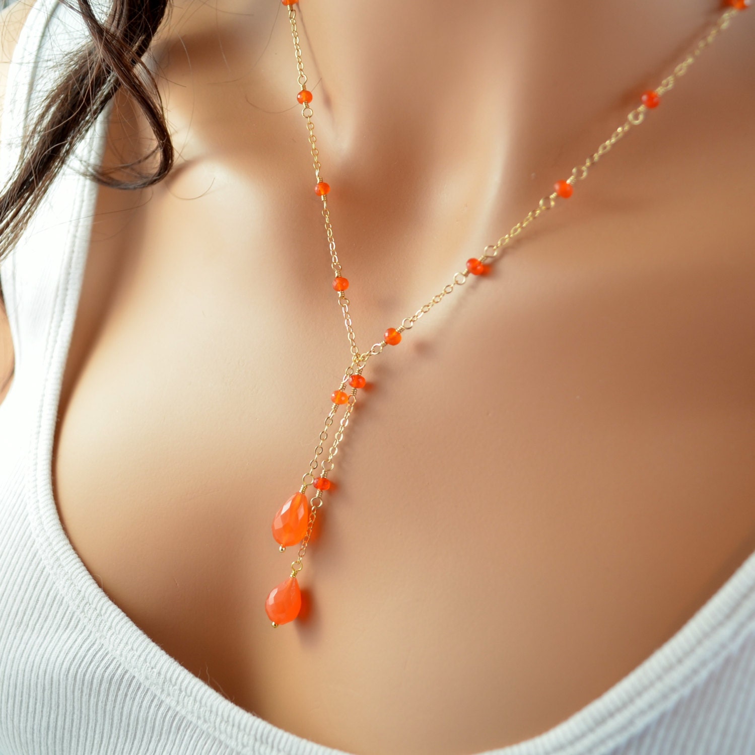 Karneol Lariat Halskette Gold-Gefüllter Edelstein-Träne Y-Halskette von livjewellery