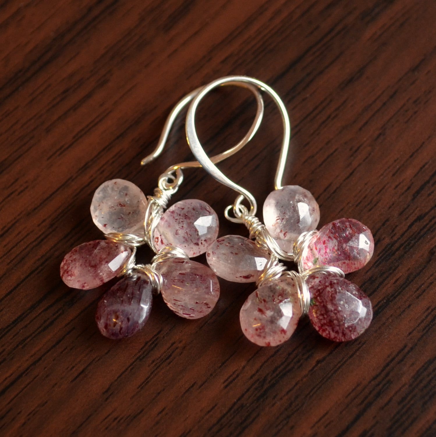 sterling Silber Rosa Rutilquarz Blumen Ohrringe Draht Gewickelt Edelstein Schmuck von livjewellery
