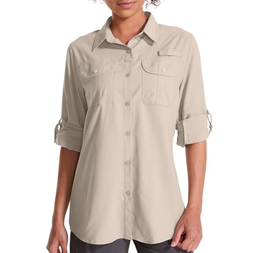 Langärmeliges Sonnenshirt für Damen, LSF 50, Safari, Wandern, Angeln, schnelltrocknend, UV-Schutz, Knopfleiste, Reise-Shirt für Gartenarbeit, Hellkhaki, X-Groß von liyiyiyia