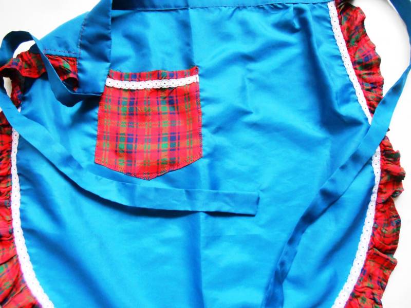 Alte Handgemachte Blaue Schürze Mit Rot Karierten Trim von lizandjaybooksnmore