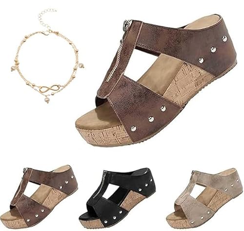ljhjdkxf Orthopädische Keilabsatz-Sandalen mit Reißverschluss und dicker Sohle, bequeme Sommer-Sandalen mit offener Spitze und breitem Kork-Plateau (Brown,37) von ljhjdkxf
