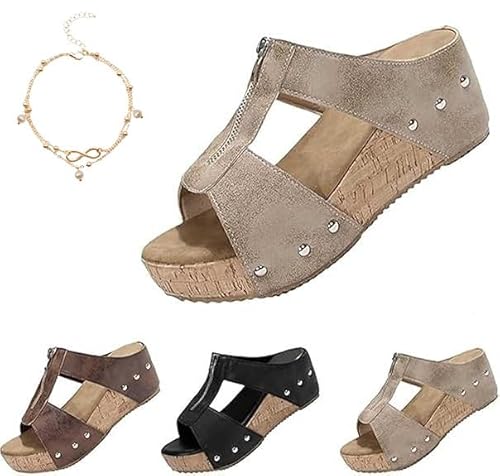 ljhjdkxf Orthopädische Keilabsatz-Sandalen mit Reißverschluss und dicker Sohle, bequeme Sommer-Sandalen mit offener Spitze und breitem Kork-Plateau (Khaki,40) von ljhjdkxf
