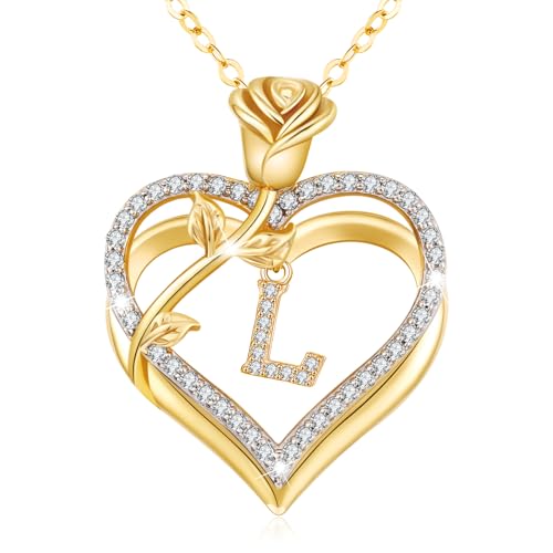 llyish Halskette Damen Gold A-Z Buchstaben Sterling Silber Kette Herz Kette mit Rose Anhänger Personalisiert Schmuck Geburtstags Geschenke für Frauen Frau Freundin Mama Valentinstag Weihnachten von llyish