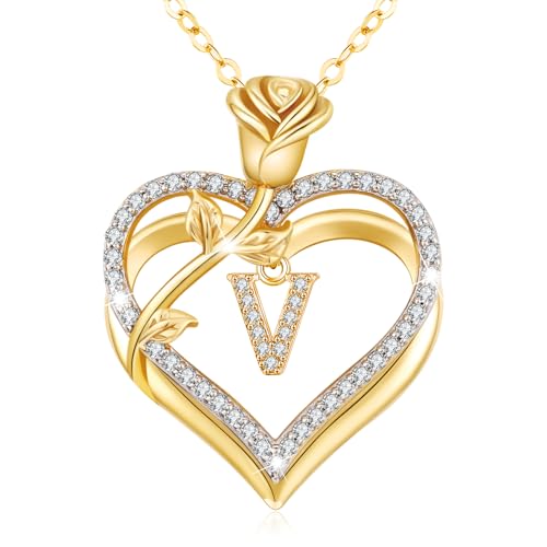 llyish Halskette Damen Gold A-Z Buchstaben Sterling Silber Kette Herz Kette mit Rose Anhänger Personalisiert Schmuck Geburtstags Geschenke für Frauen Frau Freundin Mama Valentinstag Weihnachten von llyish