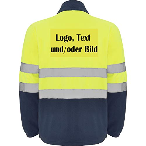 loco Personalisierte Arbeits Fleecejacke Hi-Viz mit zwei reflektierenden Bändern, elastischen Bündchen und Stoper im Saum L56 (L, Gelb Fluoreszierend (Gelb Patch)) von loco