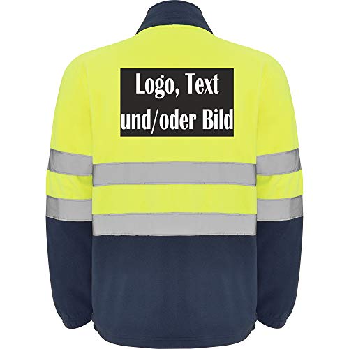 loco Personalisierte Arbeits Fleecejacke Hi-Viz mit zwei reflektierenden Bändern, elastischen Bündchen und Stoper im Saum L56 (XL, Gelb Fluoreszierend (Schwarz Patch)) von loco