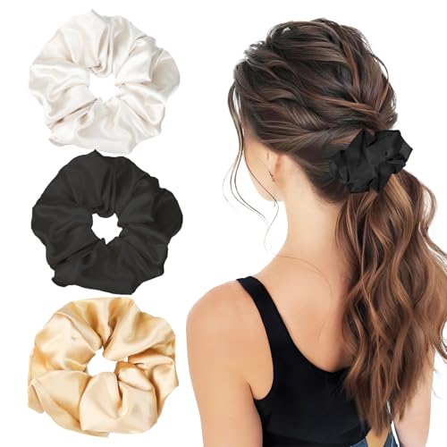 3 Stück seiden scrunchie,groß Elastische scrunchies haargummi,Weich Satin Haar Scrunchies Pferdeschwanzhalter seidenhaarbänder,seidenhaargummis zum schlafen für Frauen Damen Schwarz Weißer Champagner von loghohu