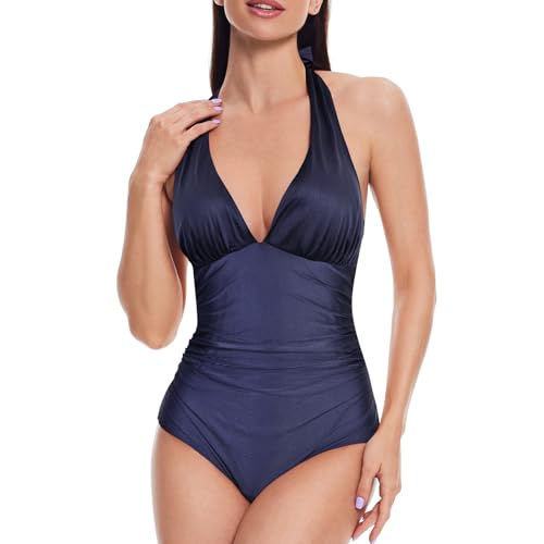 loginsummer Badeanzug Damen, Einteiliger Neckholder tiefem V Ausschnitt Rückenfrei Badeanzüge, Rüschen Bauchweg Bademode（Blau,EU36） von loginsummer