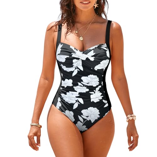 loginsummer Badeanzug Damen Bauchweg Einteilige Quadratischer Ausschnitt Push Up Bademode Vintage Rüschen Schlankheits Badeanzüge Große Größe EIN Stück Monokinis（MF,EU38） von loginsummer