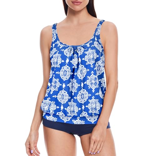 loginsummer Badeanzug Zweiteilig Damen, Tankini Damen Bauchweg, Große Größen High Waist Tankini Set, Blouson Tankini Oberteil mit Badeshorts（Ethnische Blume,EU46） von loginsummer