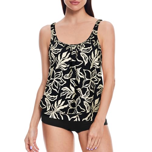 loginsummer Badeanzug Zweiteilig Damen, Tankini Damen Bauchweg, Große Größen High Waist Tankini Set, Blouson Tankini Oberteil mit Badeshorts（Goldene Blume,EU44） von loginsummer