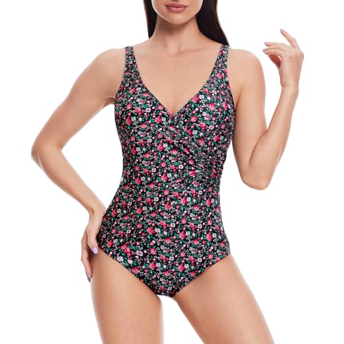 loginsummer Badeanzug für Damen, Bauchkontrolle Übergröße Bademode, V-Ausschnitt Surplice einteiliger Badebekleidung（Rote Blumen,EU40） von loginsummer