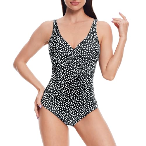 loginsummer Badeanzug für Damen, Bauchkontrolle Übergröße Bademode, V-Ausschnitt Surplice einteiliger Badebekleidung（Unregelmäßige Punkte,EU42） von loginsummer