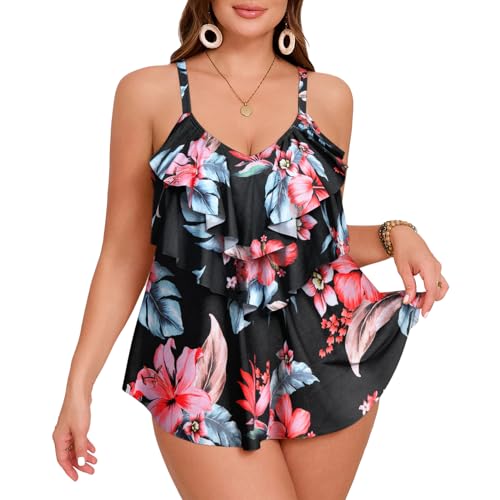 loginsummer Tankini Damen Bauchweg Große Größen Zweiteiliger Badeanzug Rüschen Volant Geschichtet Tankini Set mit High Waist Badeshorts（HH,EU46） von loginsummer