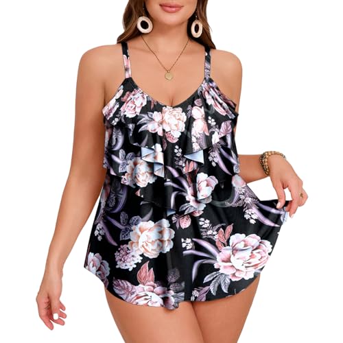 loginsummer Tankini Damen Bauchweg Große Größen Zweiteiliger Badeanzug Rüschen Volant Geschichtet Tankini Set mit High Waist Badeshorts（RG,EU42） von loginsummer