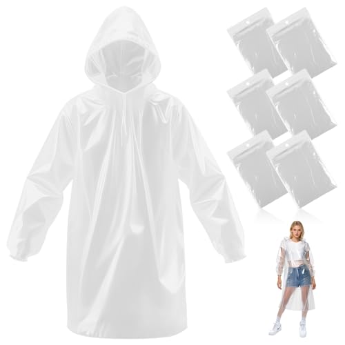 lohey 6 Stück Regenponcho Einweg, Wasserdicht Regenmantel für Damen und Herren und Kinder, Durchsichtige Regencape mit Kapuze und Ärmeln für Camping, Angeln, Freizeitparks, Festivals von lohey