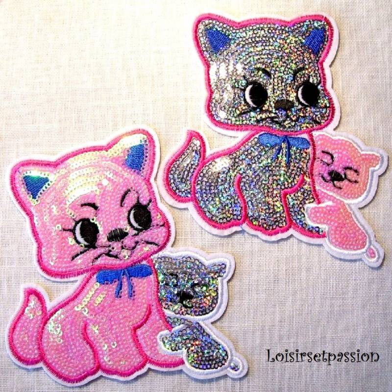 Thermoklebendes Besticktes Pflaster - Katze Und Kätzchen, Paillettensilber Pink 12 X cm Bügeln Wandleuchte von loisirsetpassion