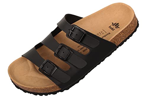 loki ANNA by Pantoletten für Damen I nachhaltig & vegan, PETA-zertifiziert I Sandalen mit flexibler EVA-Laufsohle & Memory-Korkfußbett I 3-Riemer Schlappen, Allergiker-freundlich I 37 in Schwarz von loki