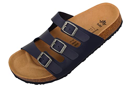 loki ANNA by Pantoletten für Damen I nachhaltig & vegan, PETA-zertifiziert I Sandalen mit flexibler EVA-Laufsohle & Memory-Korkfußbett I 3-Riemer Schlappen, Allergiker-freundlich I 37 in Blau von loki